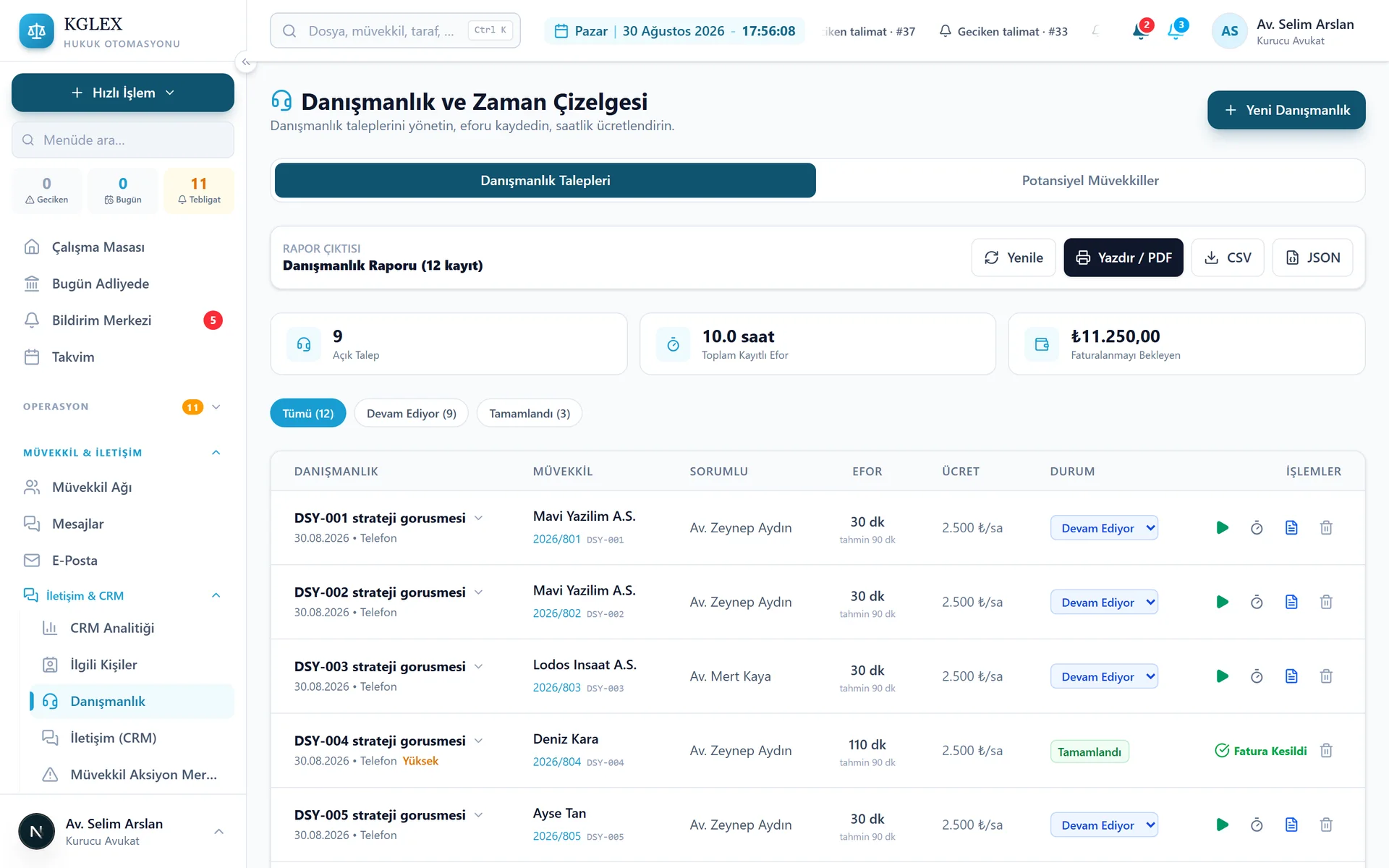 KGLEX ekranı: Başvuru ve danışmanlık akışı — Web sitenizden veya telefonla gelen her başvuru kayıt altına girer; görüşme, teklif ve müvekkile dönüşüm adımları izlenir — potansiyel iş unutulup kaybolmaz.