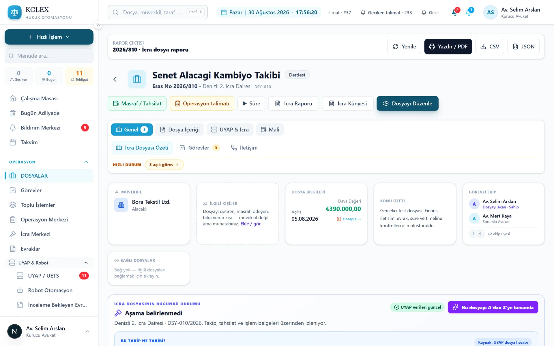 KGLEX ekranı: Dosya içinde UYAP: safahat ve evrak — Dosyanın UYAP sekmesinde safahat hareketleri ve evrak listesi büro çalışma alanının içindedir; yeni evrak inceleme kuyruğuna düşer, gereği görev olur.